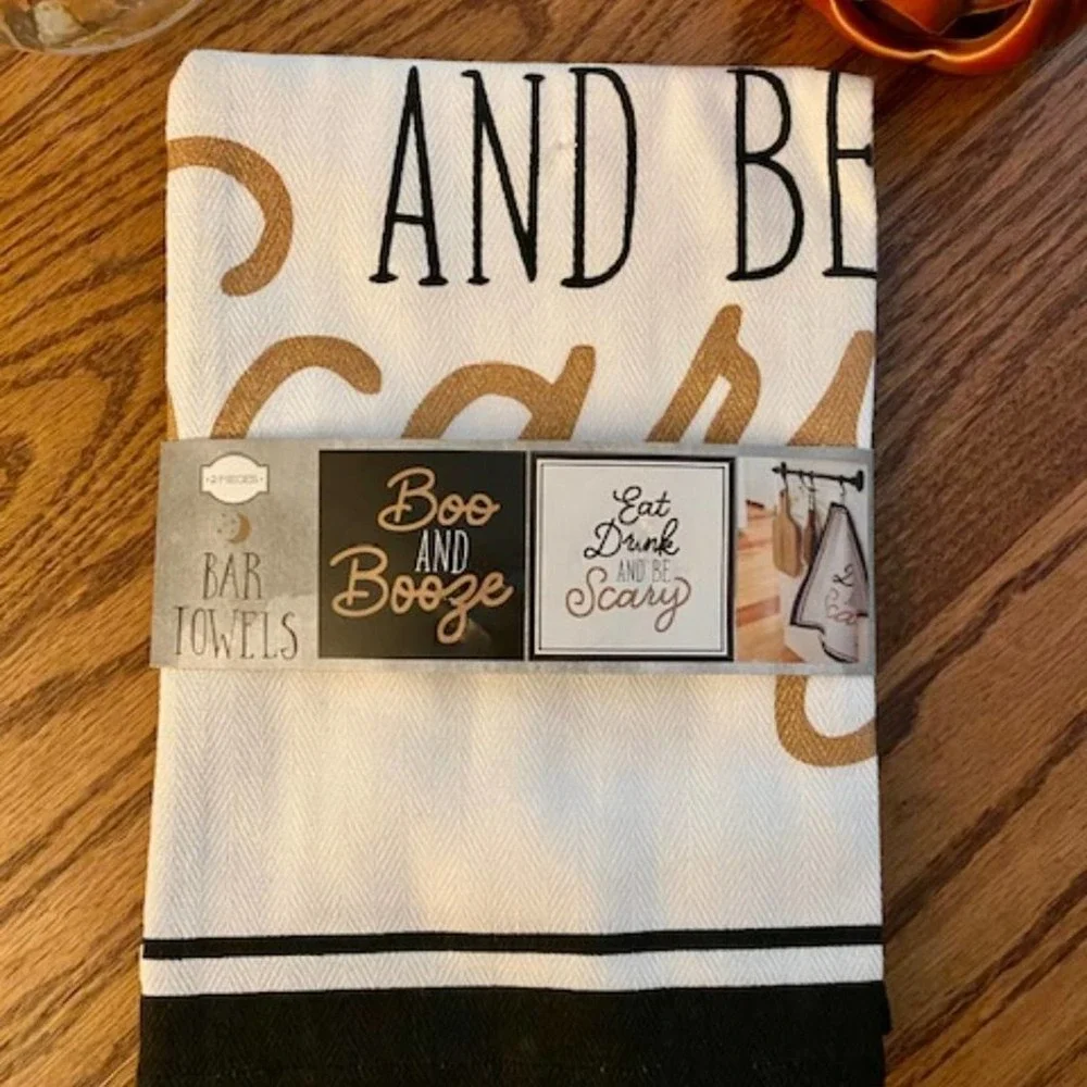 Boo & Booze Black, White & Gold Halloween Bar Towels Set of 2